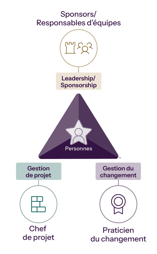 Diagram showing an employee supported by leadership/sponsorship, project management, and change management roles.