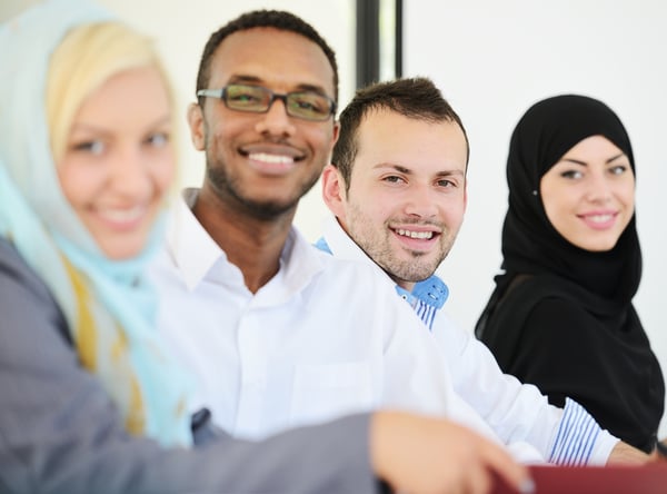 Arabic people having a business meeting, row with selective focus