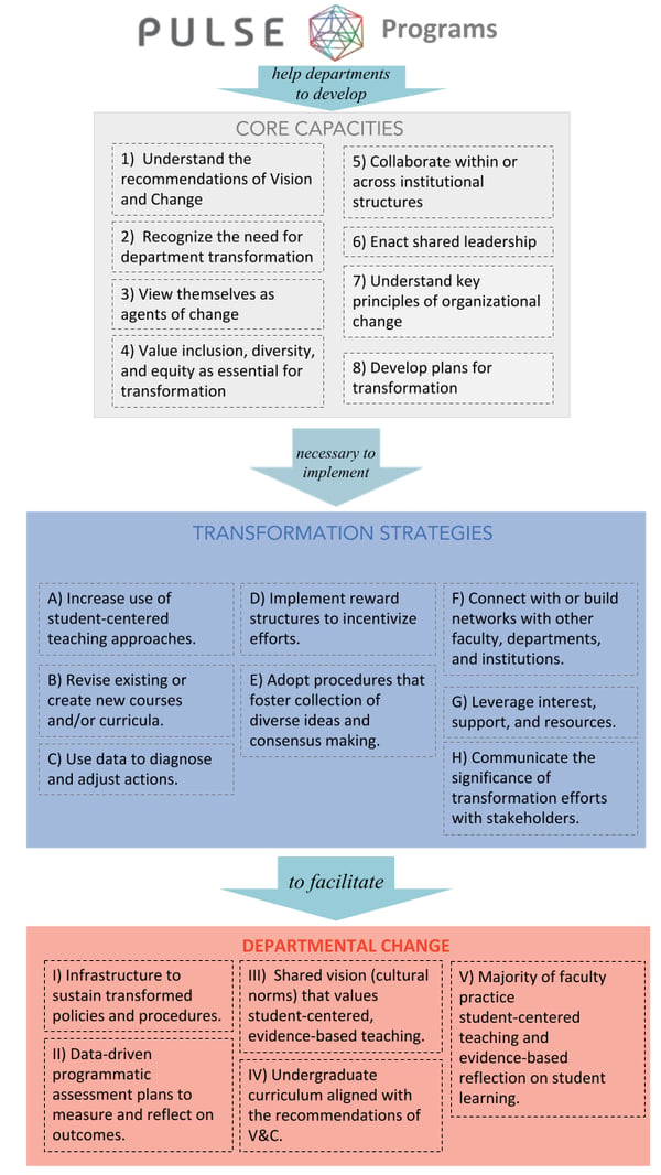 The PULSE program theory of change includes core capacities, transformation strategies, and departmental change