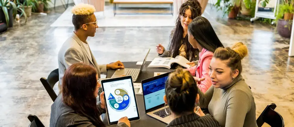 A group of five professionals discussing the Prosci Methodology